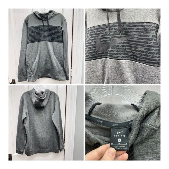 Nike Dri-Fit hooded sweatshirt men's medium grey with large black logo - Picture 1 of 5